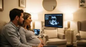 Expectant couple viewing a 2D ultrasound image in a cozy clinic setting