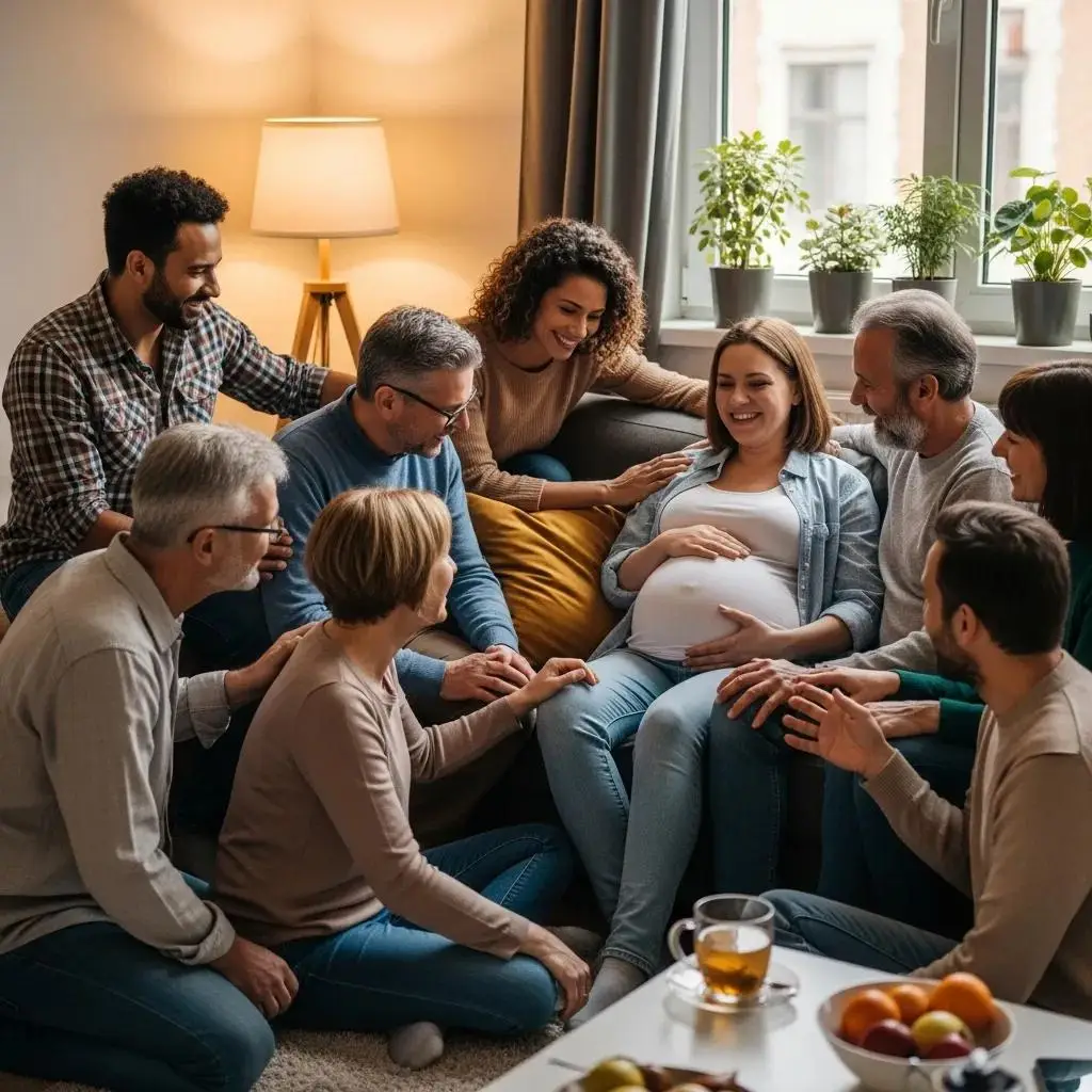 Friends and family gathered around a pregnant person, showing the calming power of practical and emotional support