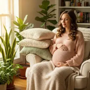 Pregnant woman in a cozy setting, cradling her baby bump, representing emotional well-being during pregnancy