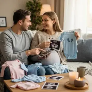 Expectant couple discussing baby gender with ultrasound images and baby clothes